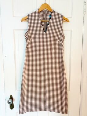 J. McLaughlin Brown and White Gingham Shift Dress Vilma Size 2 Scalloped Neck